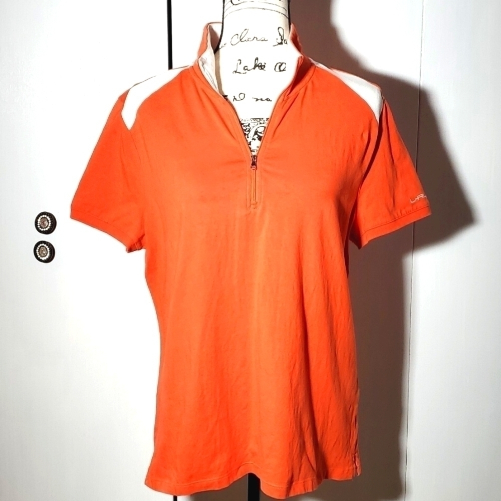 Lauren Active-Ralph Lauren|Mens Preppy Shirt Orange/White Polo Quarter Zip Sz.XL
